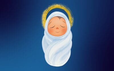 Cartoon baby Jesus, swaddled and his head is wreathed in a halo.