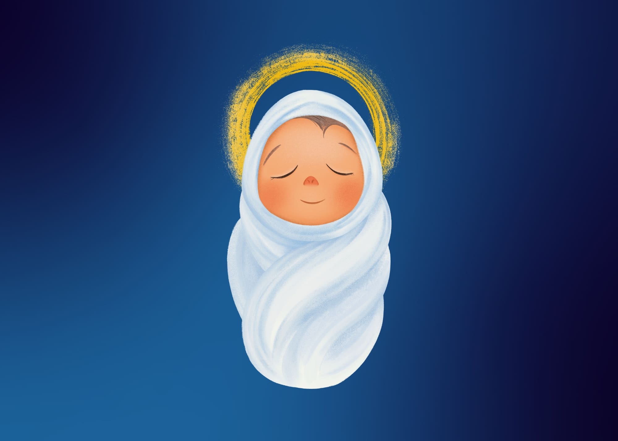 Cartoon baby Jesus, swaddled and his head is wreathed in a halo.